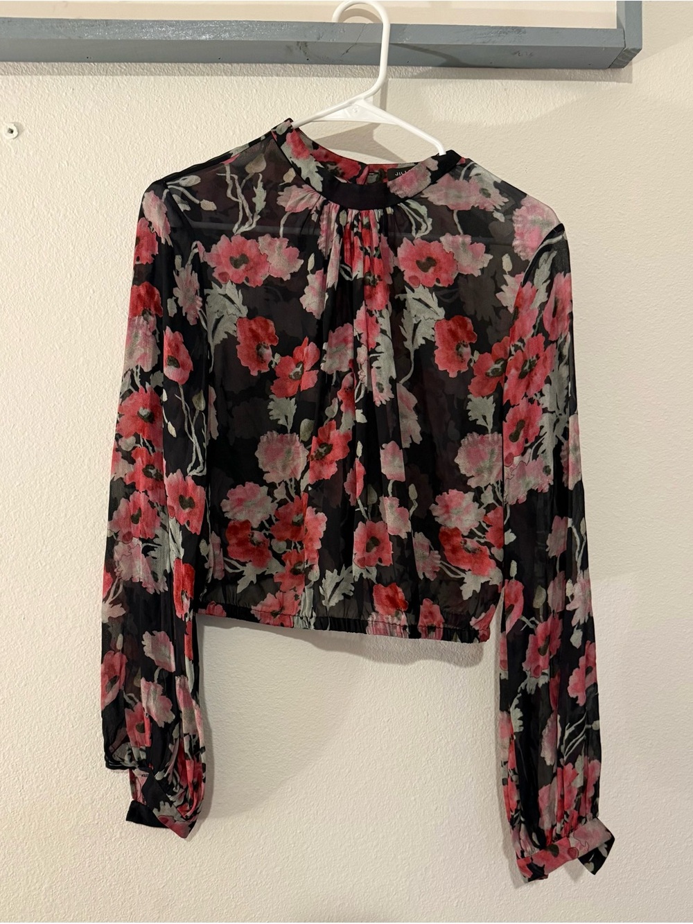 Jill Stuart Black Sheer Crop Blouse with Pink Floral Print